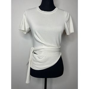 Sandro Cream Wrap-Detail Short Sleeve Sweater